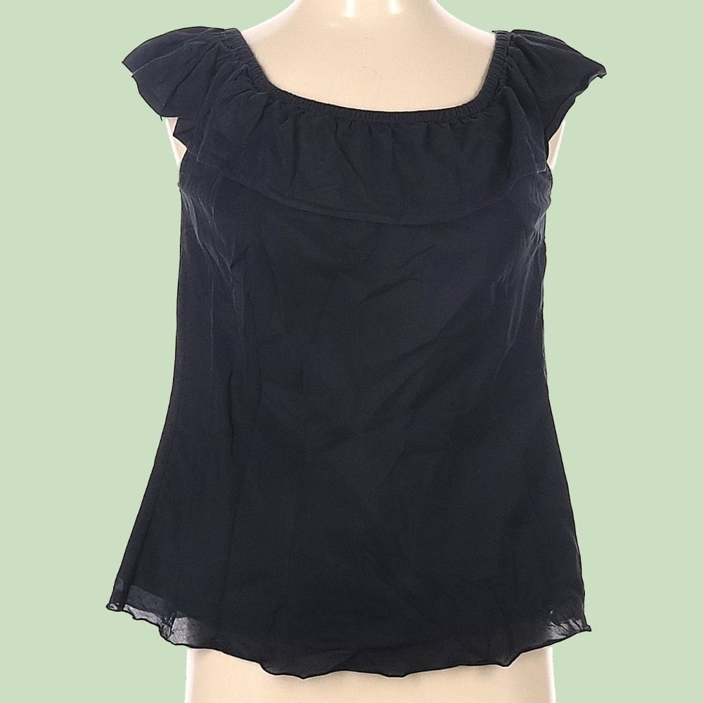 Summer Sunny Leigh Ruffled Collar Sleeveless Black Silk Blouse Sz M